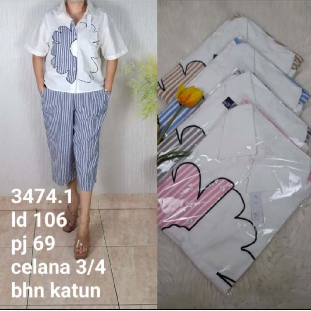 LD 102cm # Setelan Celana 3/4 Bahan Katun Motif Bunga Besar