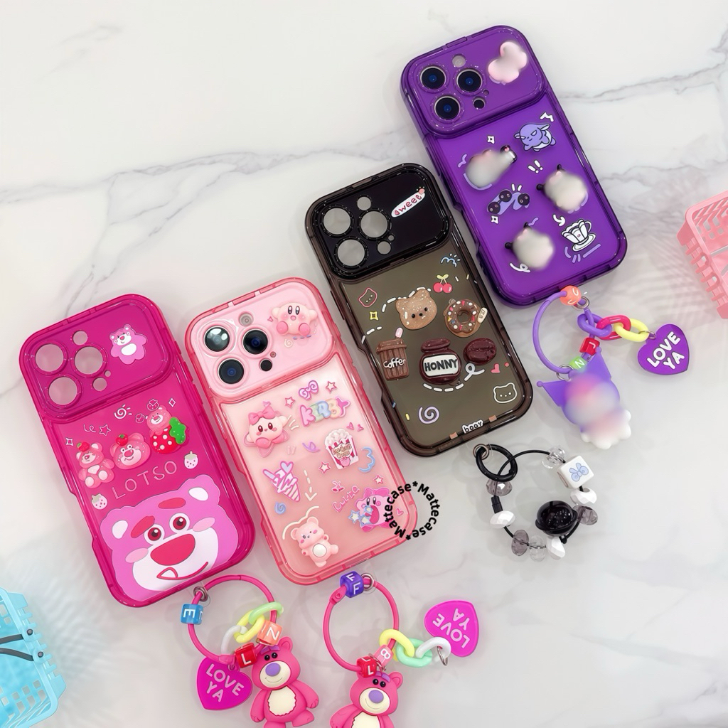 (2) RCI192 Premium Case BEAR strawberry - Coffee OVAL FLIP MIRROR SHOCKPROOF CASE WITH CUTIE CHARM C