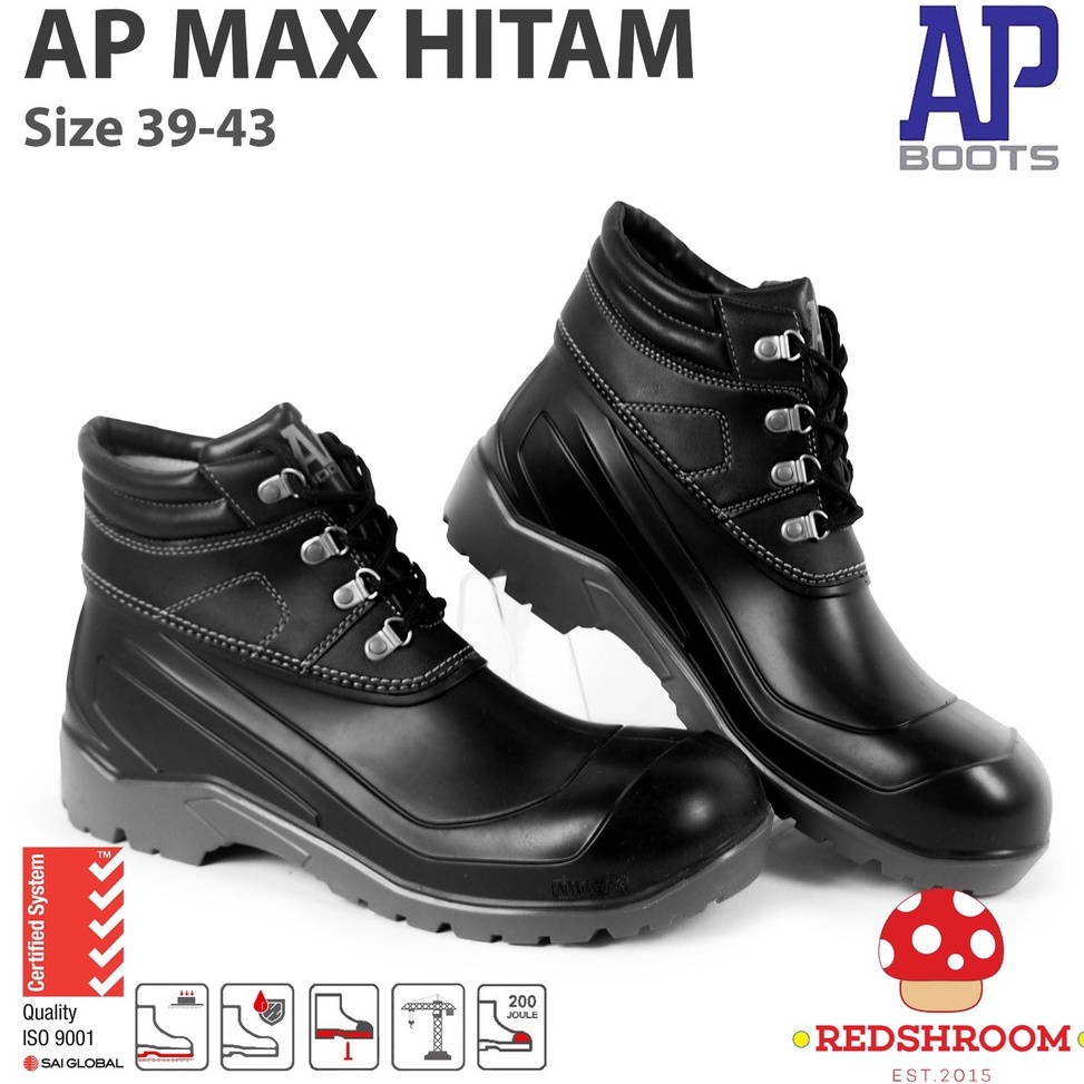 KODE M18S Sepatu Boot Safety AP MAX AP Boots Hitam Toe Cap Besi Anti Air  Slip Proyek Konstruksi