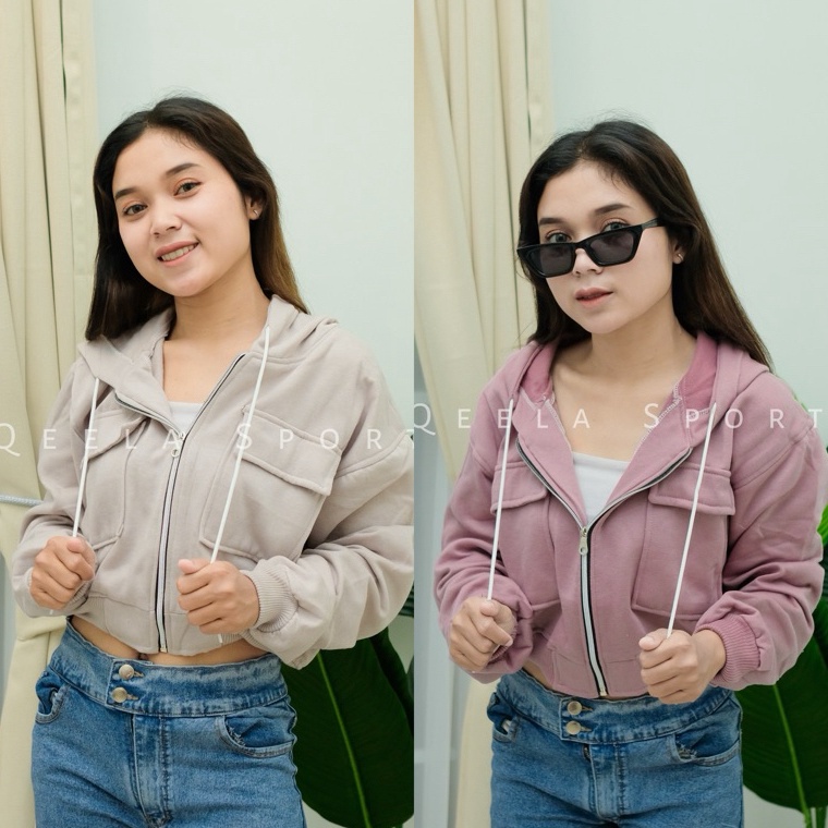 KODE K8T Crop Hoodie Zipper Two Pocket Cargo Jacket Croope Resleting Premium Basic Oversized Korean 