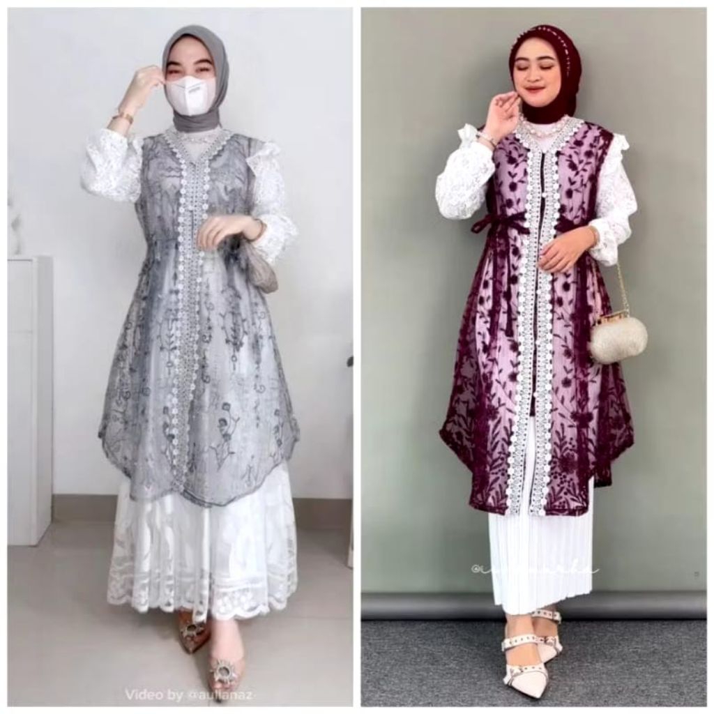 Outer Tunik Tille Brukat Cardigan Tille Brokat Lengan Panjang Kebaya Tunik Atasan Outer Brukat