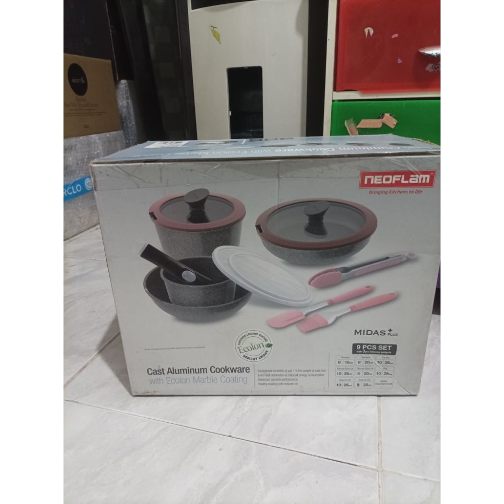 NEOFLAM MIDAS PLUS CAST ALUMINUM COOKWARE WITH ECOLON MARBLE COATING SET 9 PCS