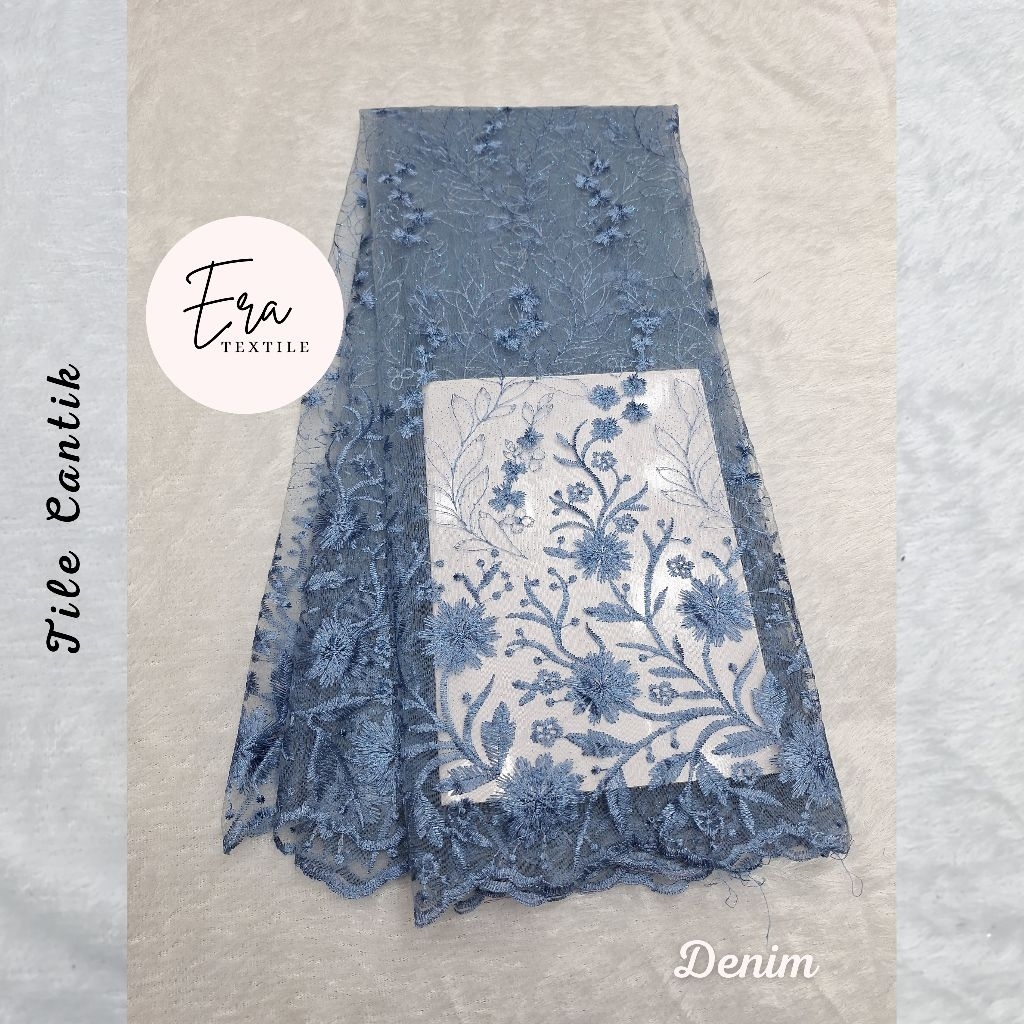 Bahan Kain Brokat Brukat Meteran Mewah warna Denim/ Kain Tile Akar Mutiara Gliter/ Kian Tulle Tille/