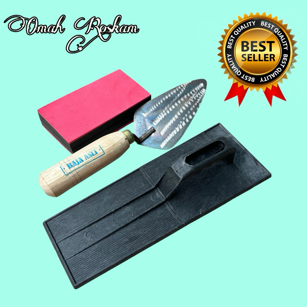 satu set alat tukang bangunan sendok baja hitam kecil roskam hitam spon gosokan kecil