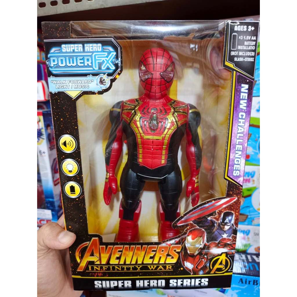 robot spiderman captain america ironman nyala lampu/suara berjalan maju