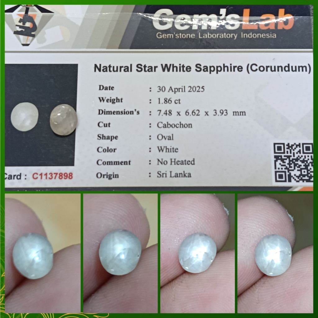 Natural White Star Sapphire Ceylon 1,8ct Star Bagus memo GLI safir Srilanka