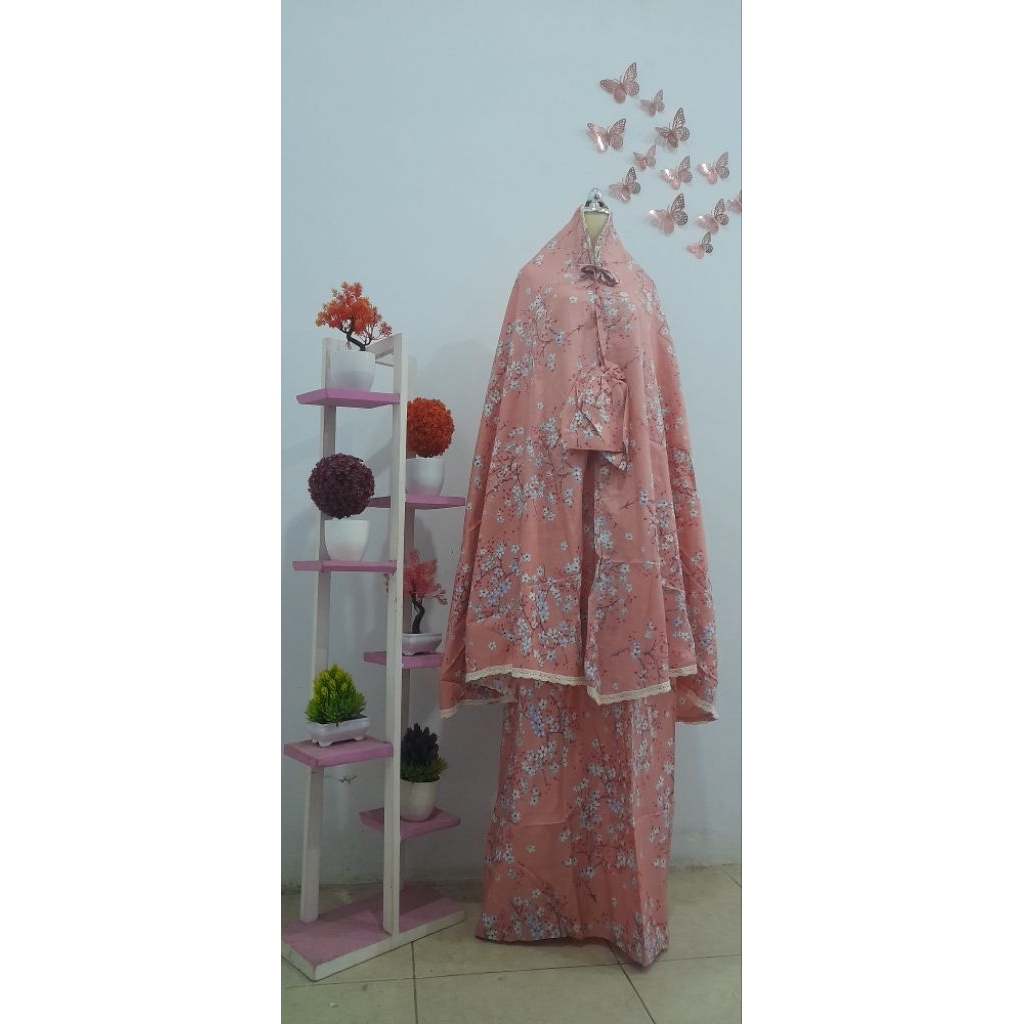 mukena katun mikro motip bunga renda kecil