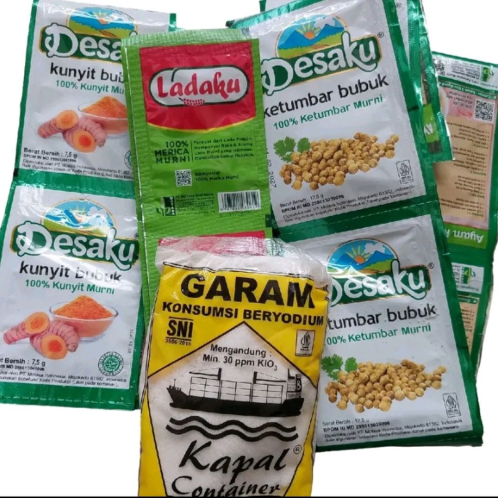 

PAKET BUMBU DAPUR 6PCS KETMUBAR 6PCS LADAKU 6PCS KUNYIT DAN GARAM DAPUR