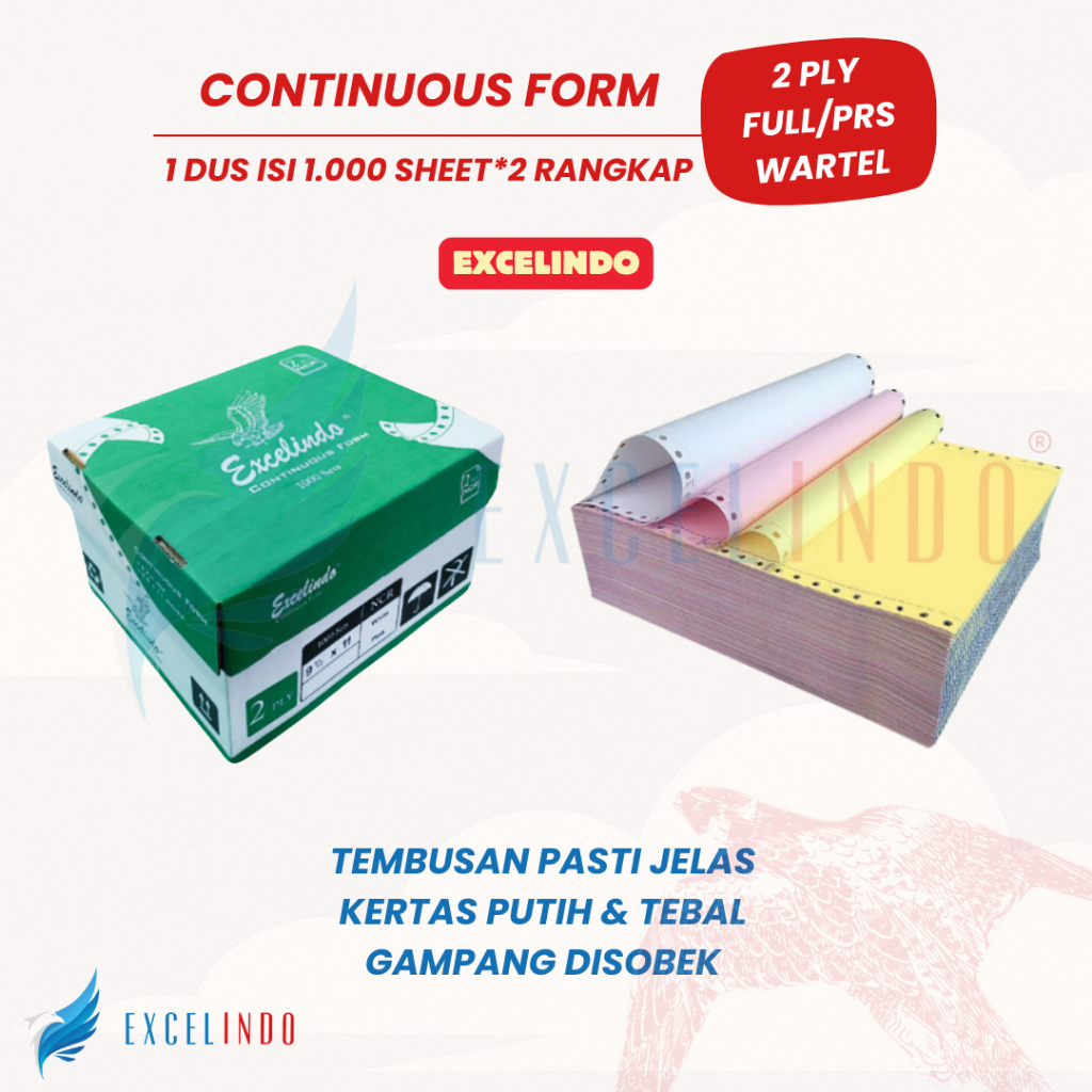 

Excelindo Kertas Continuous Form 2 ply NCR 9 1/2x11 Ukuran FULL/PERFORASI/WARTEL
