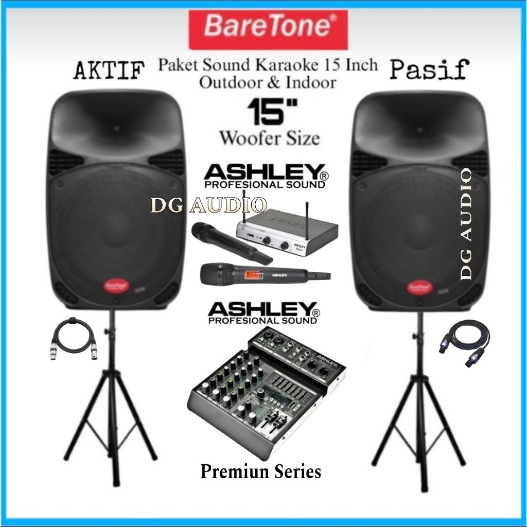 Paket Sound Speaker 15"Inch Karaoke Speaker BareTone [ Aktif & Pasif ] Mixer Ashley 4 Channel Mic 2 