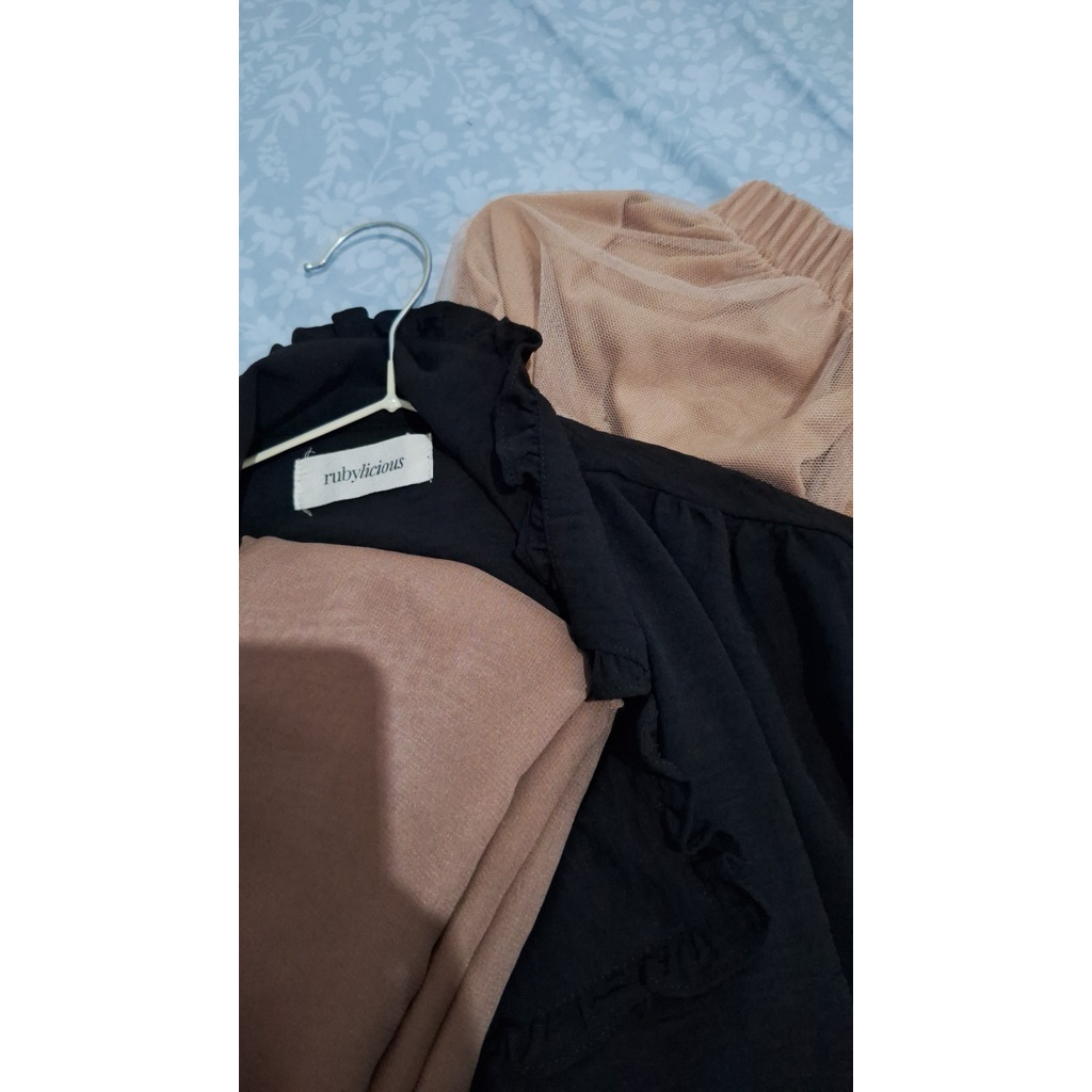 rok tutu, kemeja item ruby, gamis ungu 73k