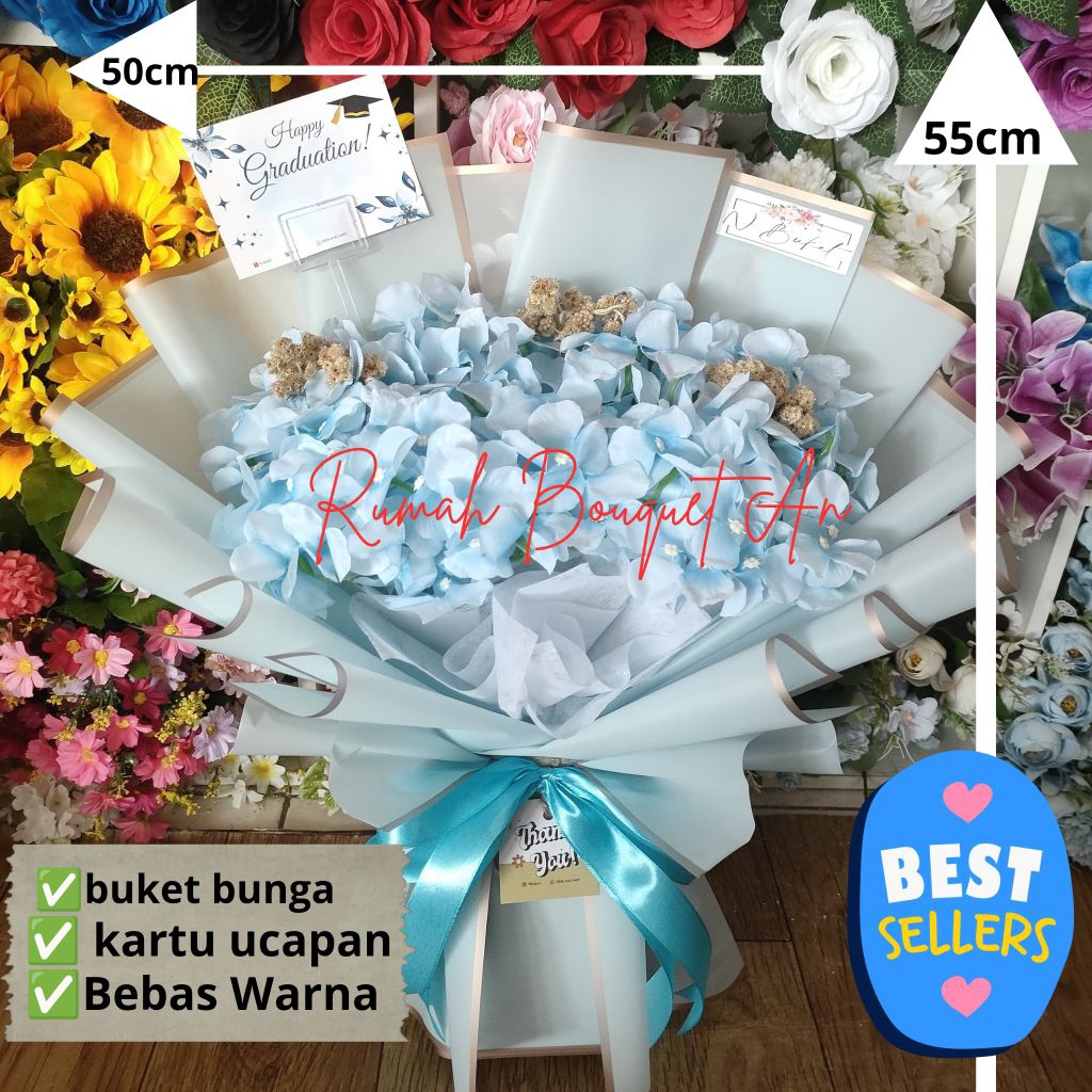 BUKET BUNGA HYDRAGE ARTIFISIAL+EDELWEIS/BUKET WISUDA/BUKET LAMARAN DIKIRIM HARI INI
