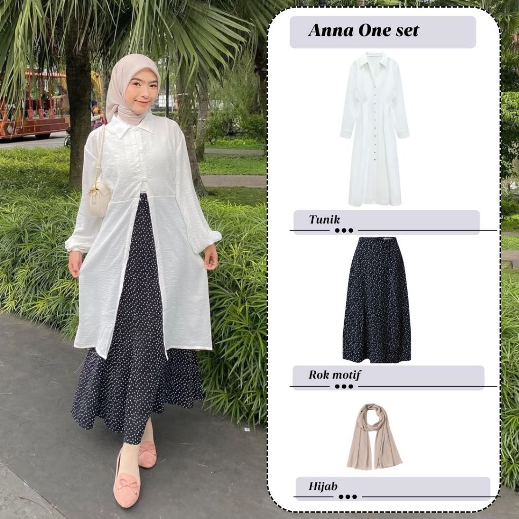 Anna One Set Tunik Rok Motif Hijab Setelan Lebaran Simple Baju Hangout Casual Outfit Korean Style