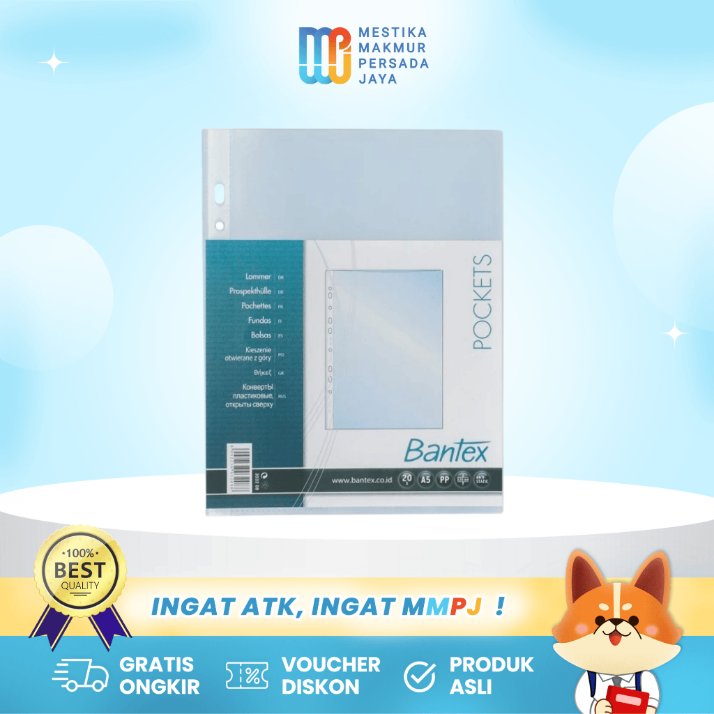 

Bantex Pocket A5 0.08mm (20 Sheets/pack) - Pelindung Dokumen / Berkas Transparan Anti Glare 8032-08
