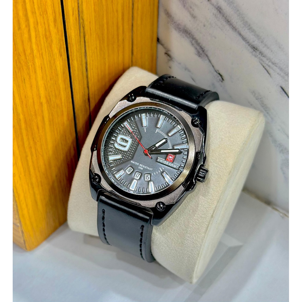Jam Tangan Pria Anti Air Swiss Made Kulit Fashion Cowok Sporty Keren Kekinian Terbaru Tanggal COD