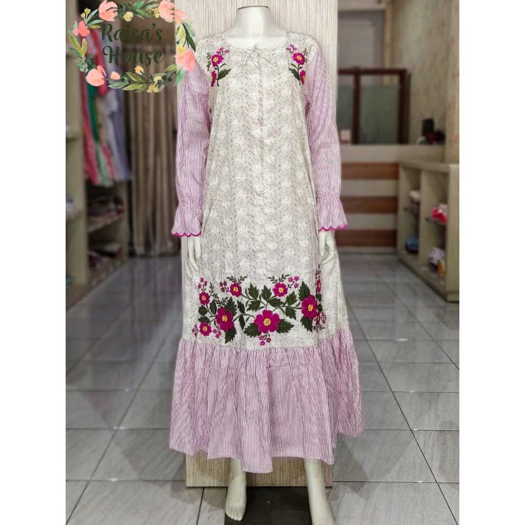DASTER LONGDRESS BORDIR KHAS MALANG - LENGAN PANJANG - REMPEL BAWAH I BUNGA SALUR - PURPLE