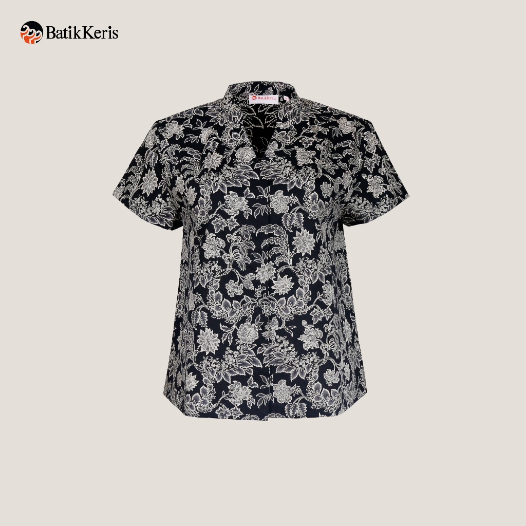 Batik Keris Blouse Batik Wanita leher V  Lengan Pendek Motif Keris Binar Dedaunan