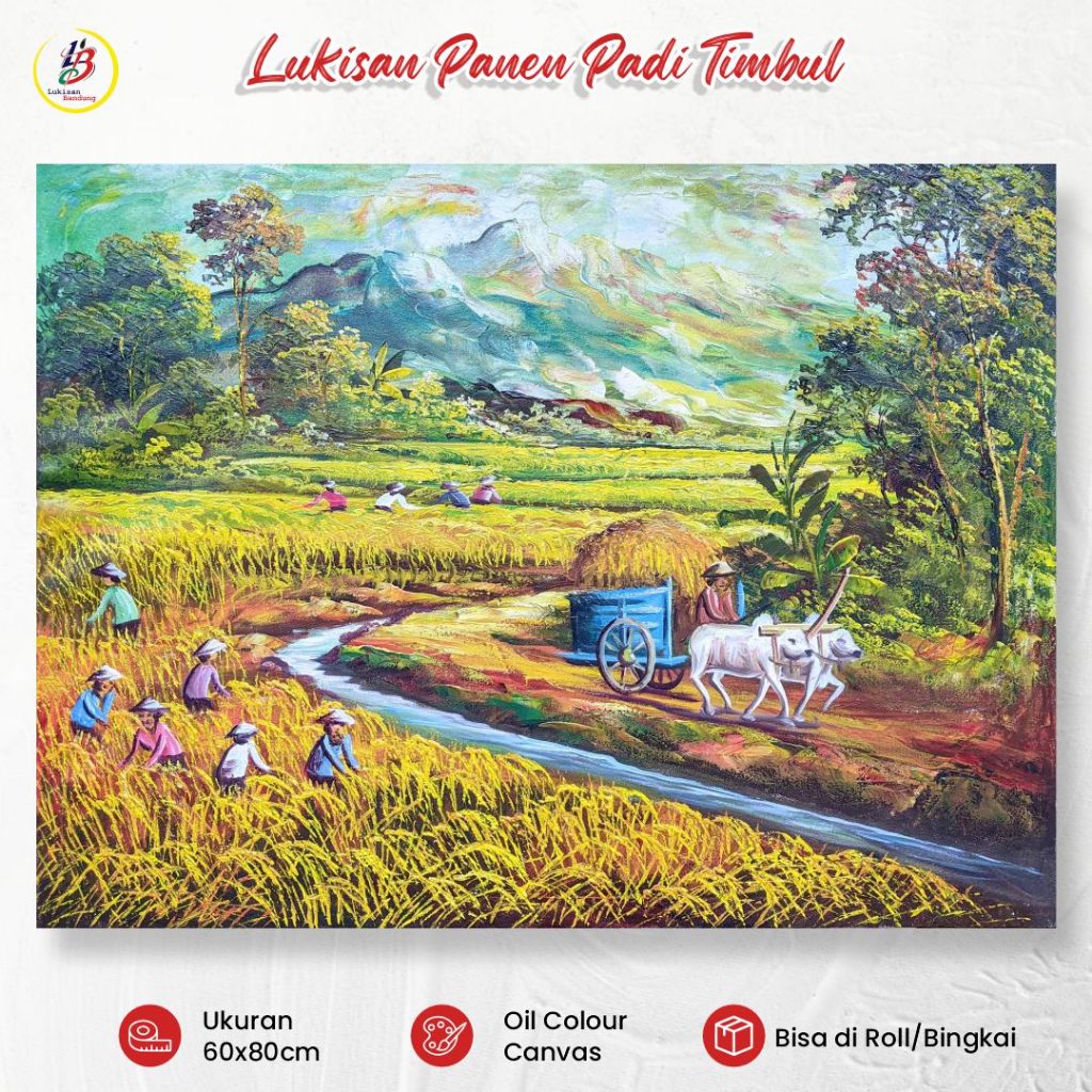 Lukisan Bandung Lukisan Pemandangan Panen Padi Gunung Hijau 60x80cm Lukisan Kanvas Dinding Timbul