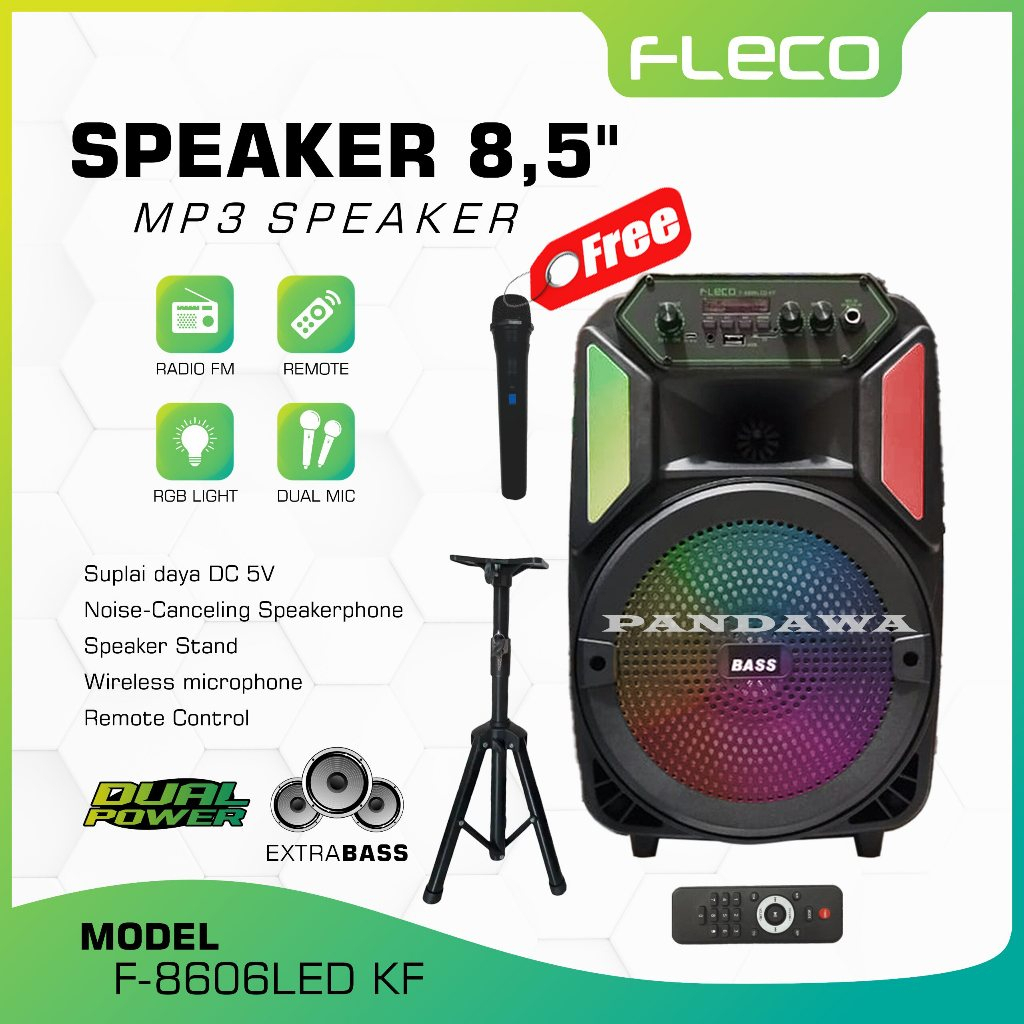 SPEAKER BLUETOOTH FLECO 8,5'' INCH FLECO F-8606 LED PLUS MIC KARAOKE SUPER BASS