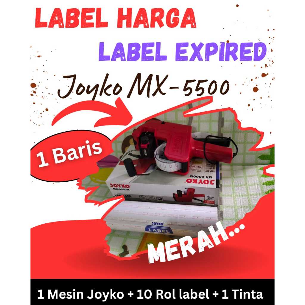 

WARNA MERAH PAKET Mesin Label Harga Joyko MX5500 1 Baris + Label 10 Rol | Label Harga Label Expired