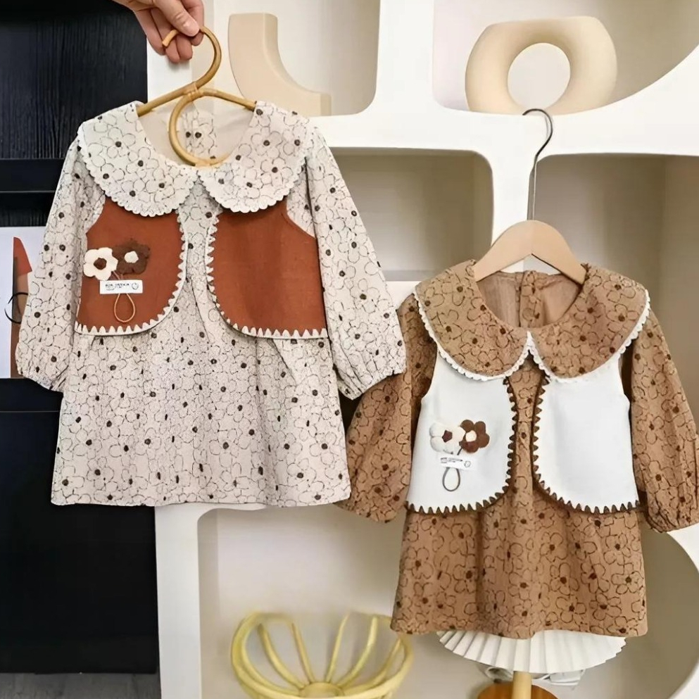 Mini Dress Anak Perempuan Usia 1-4 Tahun | Baju Dress Motif Flower Lengan Panjang Serut Variasi Krah