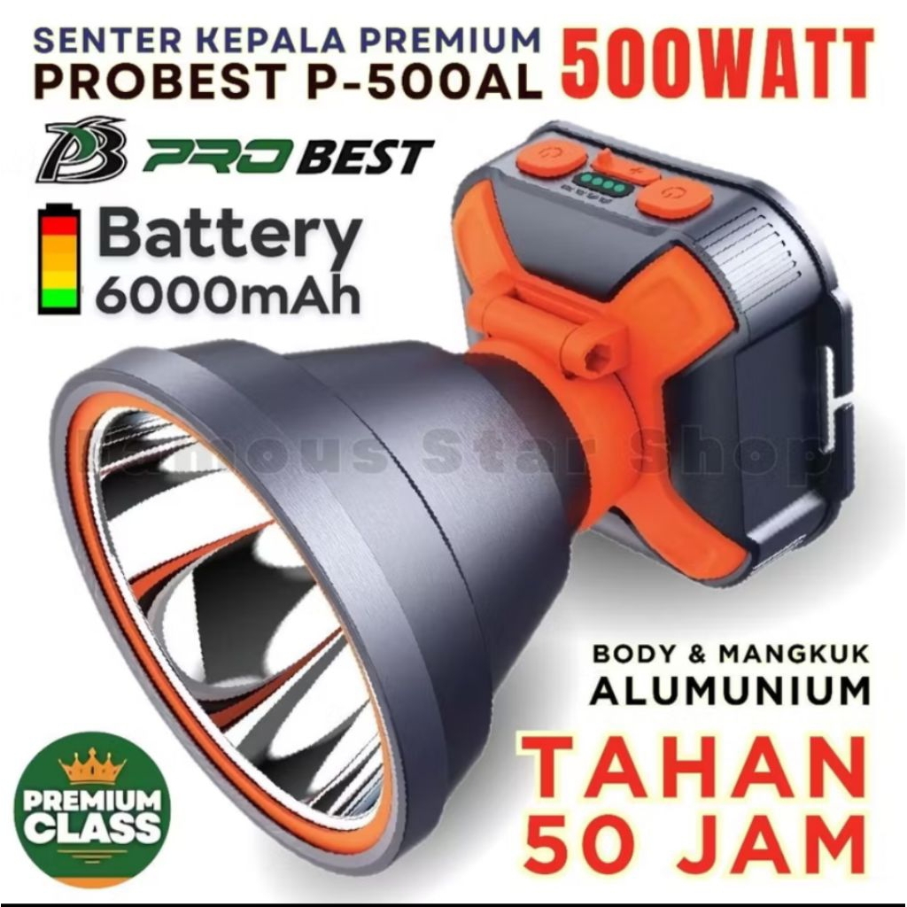 probest pb-500watt senter kepala jumbo cahaya putih 500watt tahan 50jam