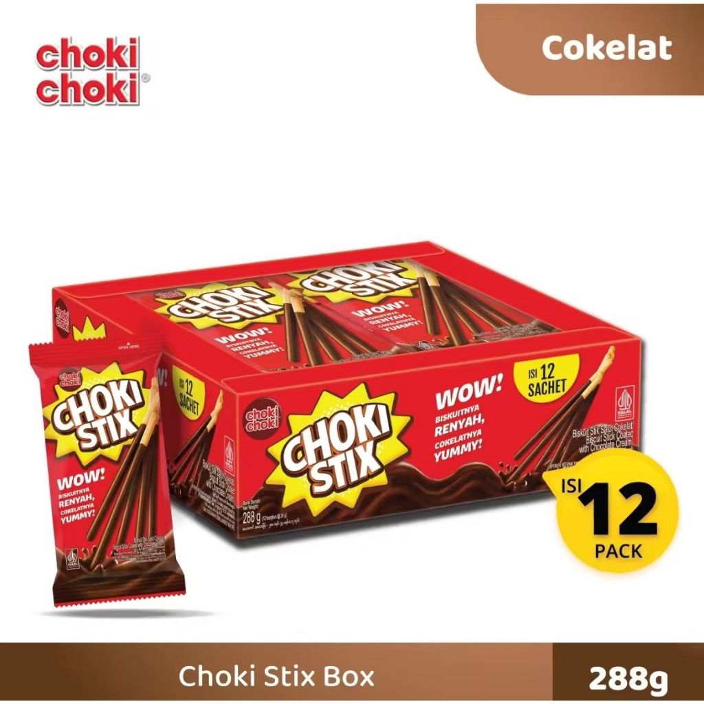 

CHOKI STIX BOX Isi 12 Pack – Stik Cokelat Lezat & Renyah | Snack Coklat Favorit Anak