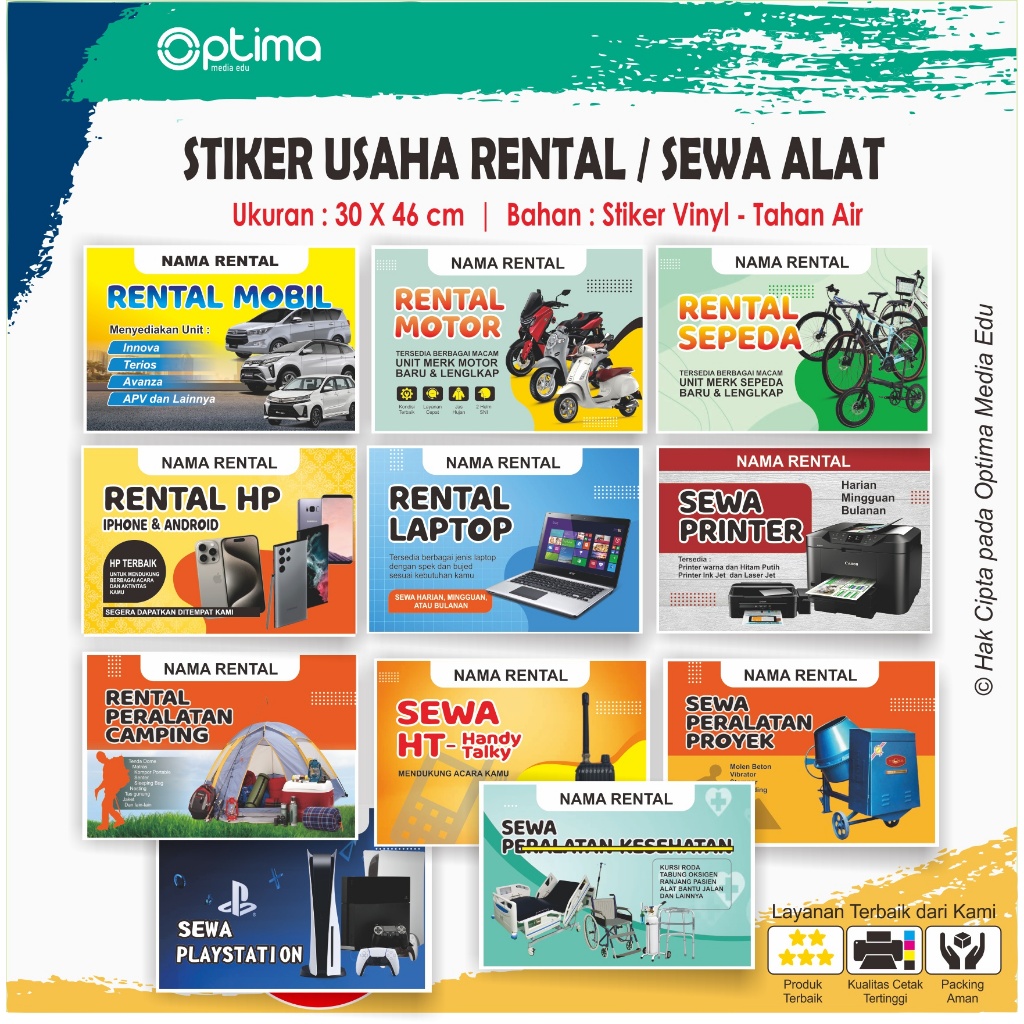 

Stiker Tempat Usaha Persewaan / Rental Peralatan : HP, Laptop, Alkes, Camping, dll