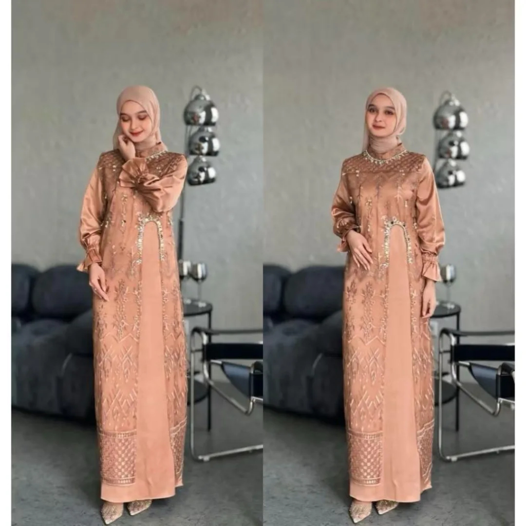 MARSYA DRESS SILK BRUKAT TILE MIX PAYET MUTIARA GAMIS PESTA WANITA INNER + OUTER PISAH MEWAH ELEGAN