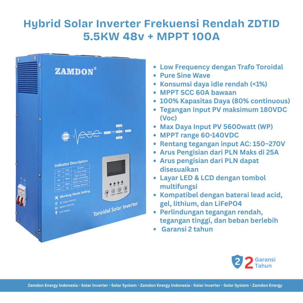 Inverter Frekuensi Rendah Hybrid Zamdon 5500W / 6875VA 48V Off Grid | MPPT 100A | Garansi 2 Tahun