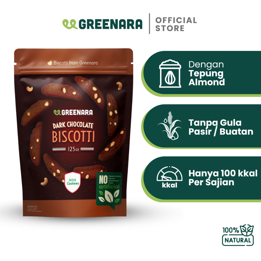 

Greenara Dark Chocolate Cashew Biscotti (100cal/Serv) / Biskuit Sehat Less Gluten Bebas Gula Pasir