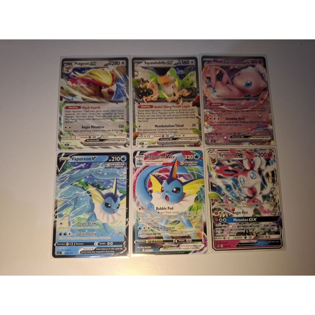 Wts (Pokemon Indonesia) Pokemon card Pidgeot ex, Squawkabilly ex, Mew ex, Vaporeon V, Sylveon GX, Va
