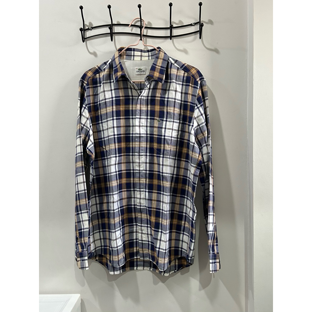preloved kemeja flanel atasan berkerah lengan panjang kotak pria lacoste