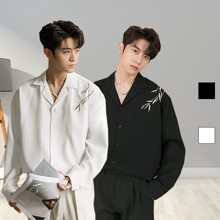 kemeja korean style pria kemeja kasual pria baju kemeja cowok V Neck kemeja lengan panjang bordir da