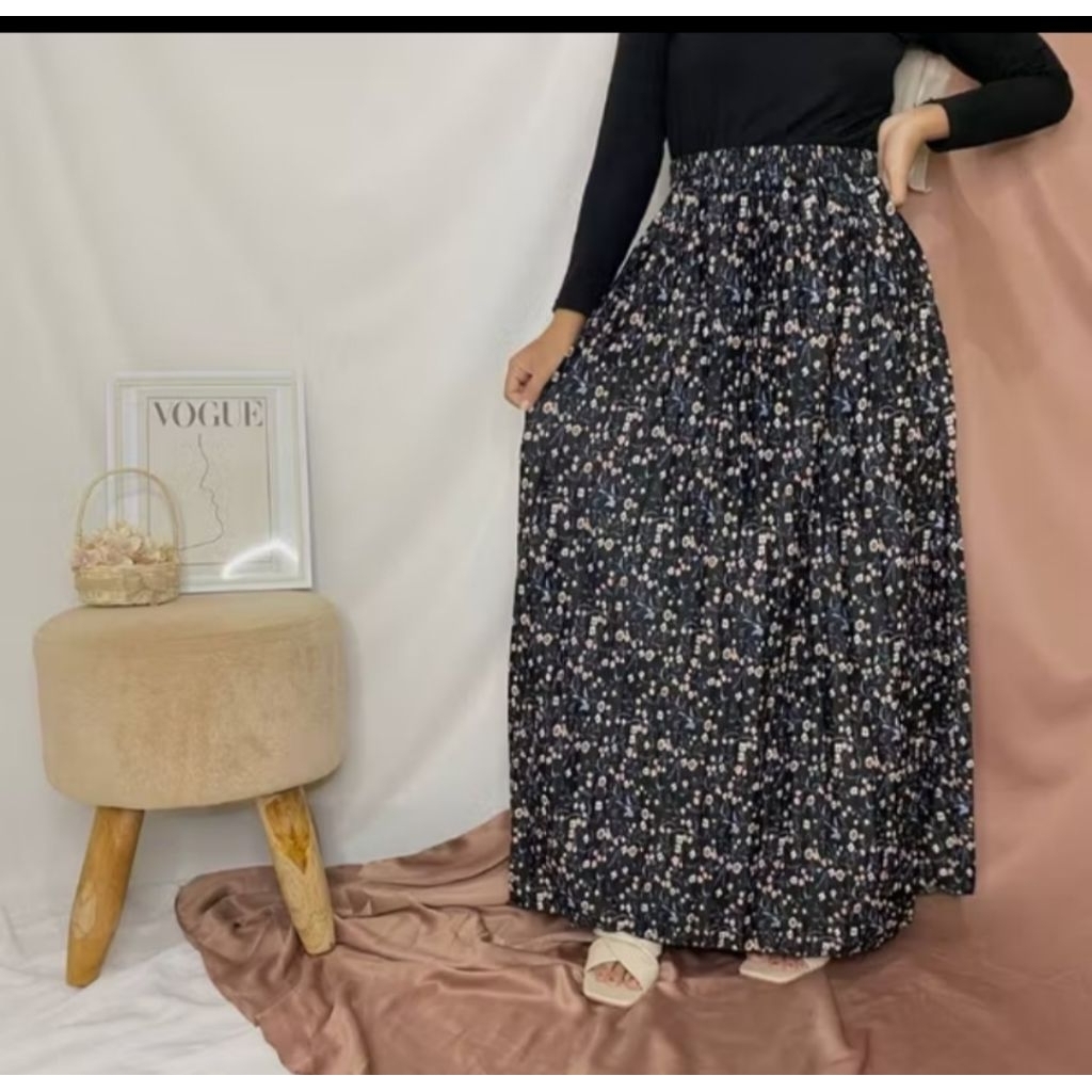 Rok Plisket Motif Bunga Wanita Panjang