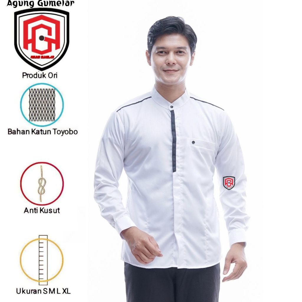 Abha Baju Koko Pria Lengan Panjang Arabesque White Design | Baju Koko Putih Lengan Panjang