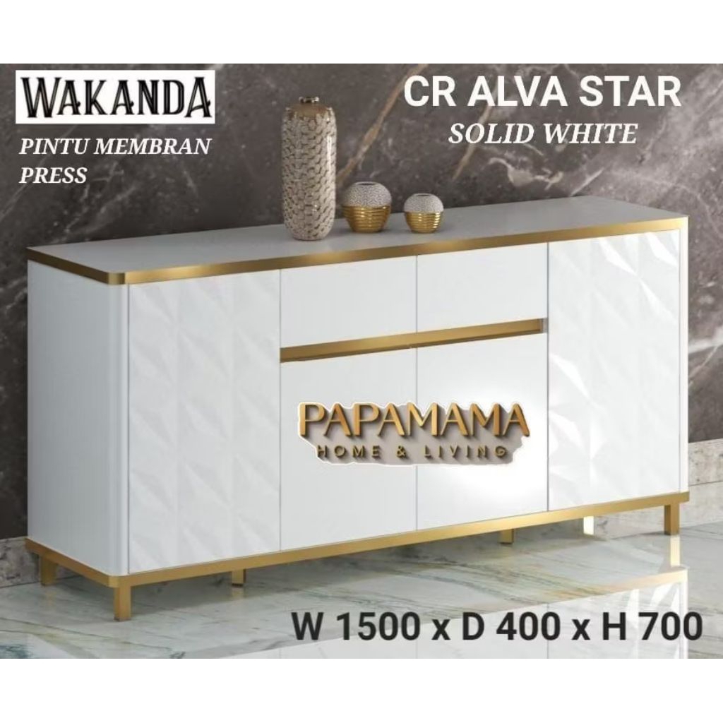 Meja Tv Buffet CR  Alfa star - Motif Marble/Solid White - Buffet Minimalis