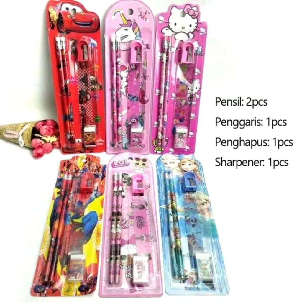 

set alat tulis 5in 1bermotif karakter