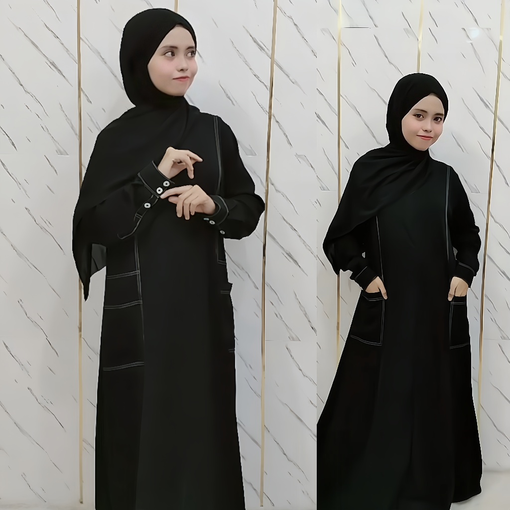 Abaya Hitam Simple Polos Manset Bahan Jetblack Gamis Daily Hitam Simpel Saku Depan Tangan Kancing