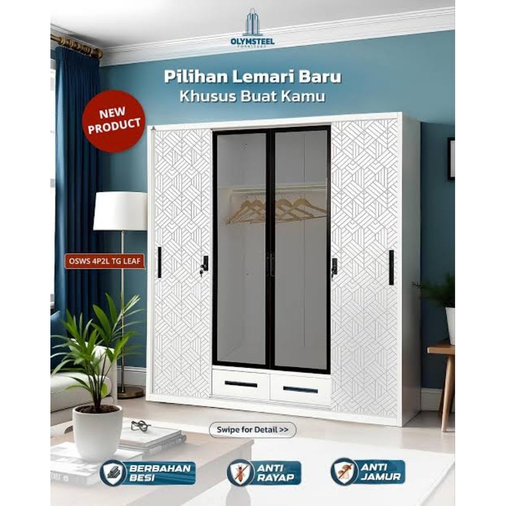 OLYMSTEEL LEMARI PAKAIAN BESI 4 PINTU SLIDING / 3 PINTU SLIDING