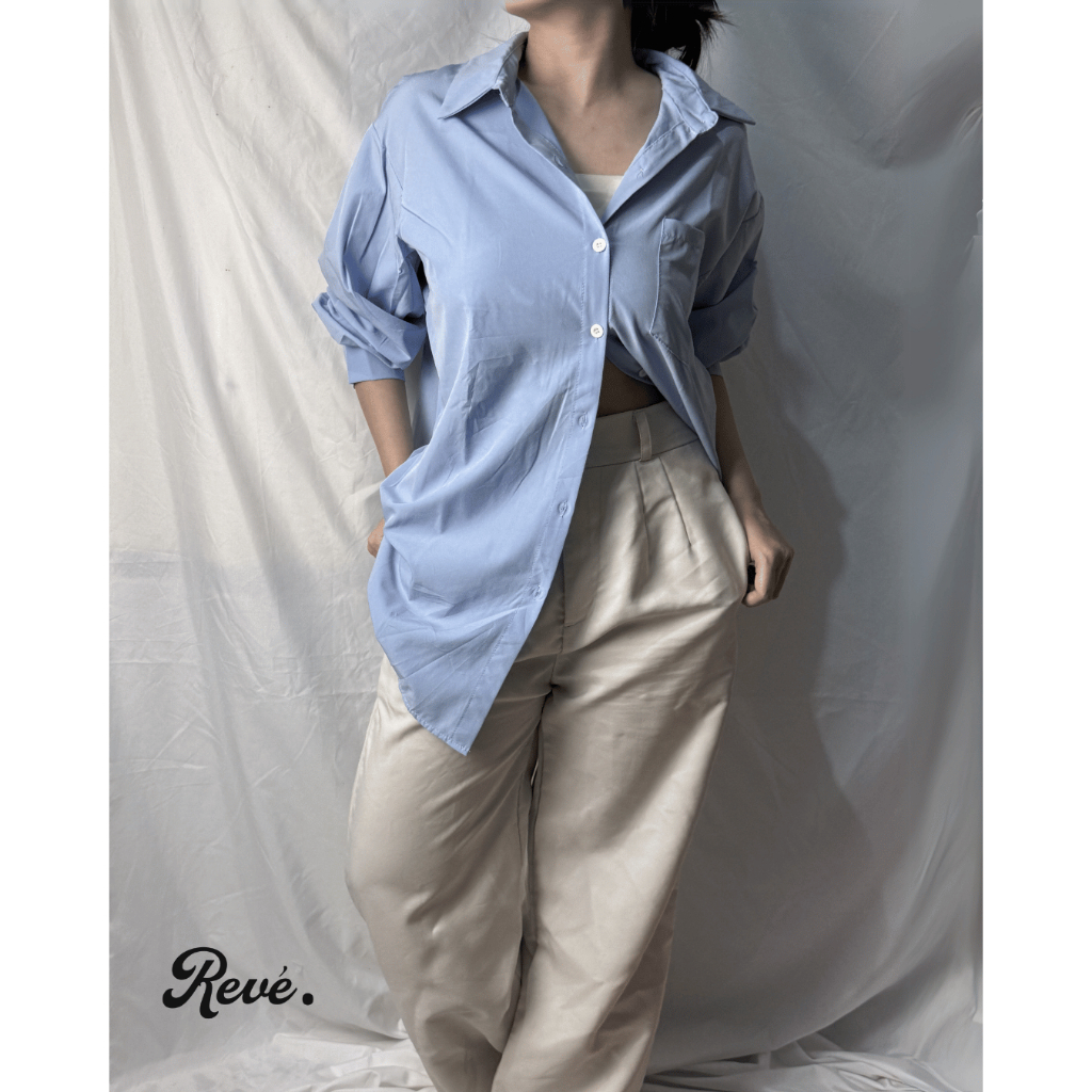 Kemeja lengan panjang baby blue tws/blouse/ outer /long outer/Korea Chinese style/pakian kerja kanto