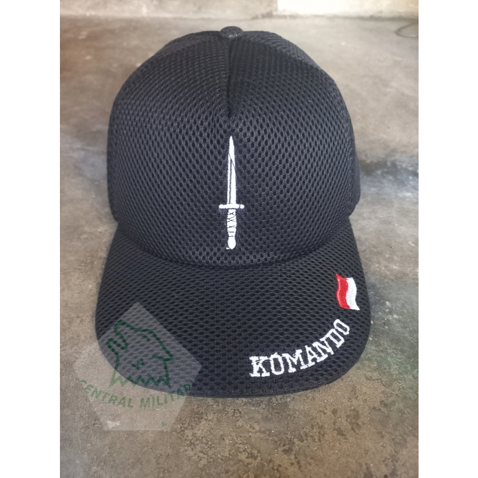 Topi Komando Hitam Topi Pria Lapangan Dobelmesh / Jaring Logo Bordir Hitam Komando Silver