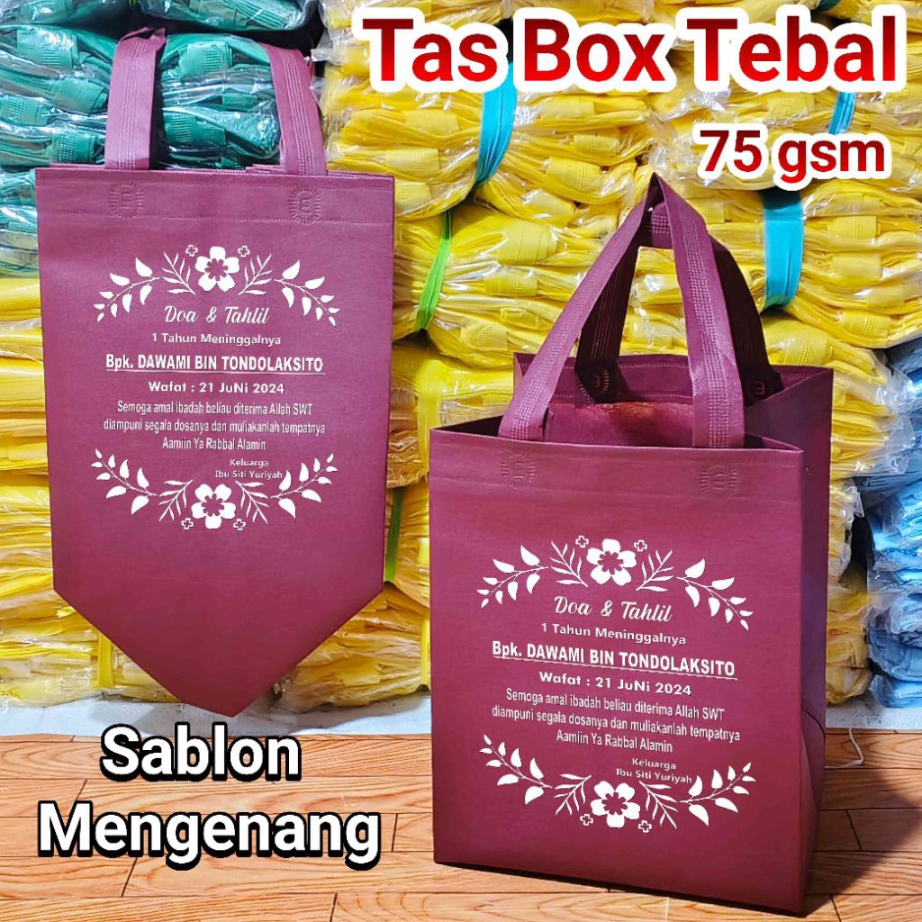 

Tas Spunbond Sablon Tas Hajatan Slametan Tas Besek Box nasi Free Sablon