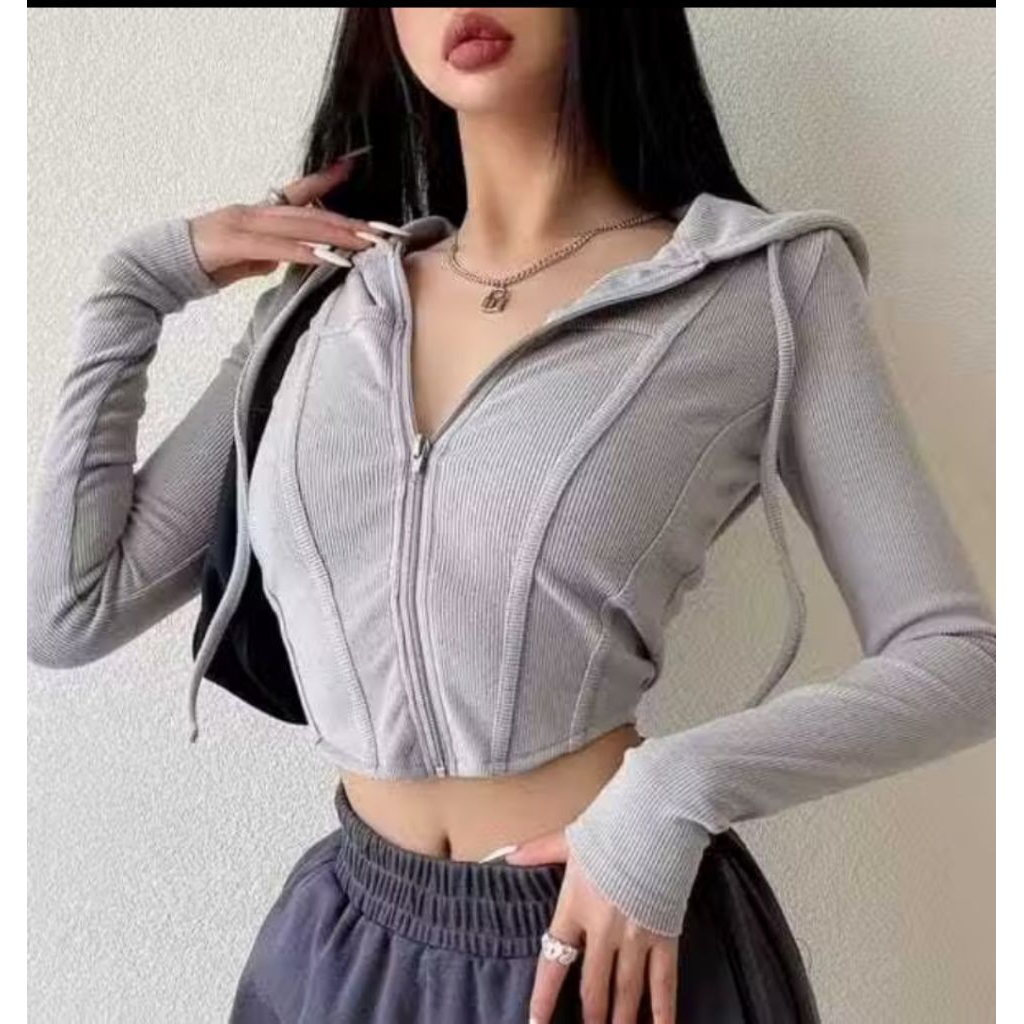 LONG SLEEVE KELLIN HOODIE CROP TOP ZIPPER / JAKET ZIPPER