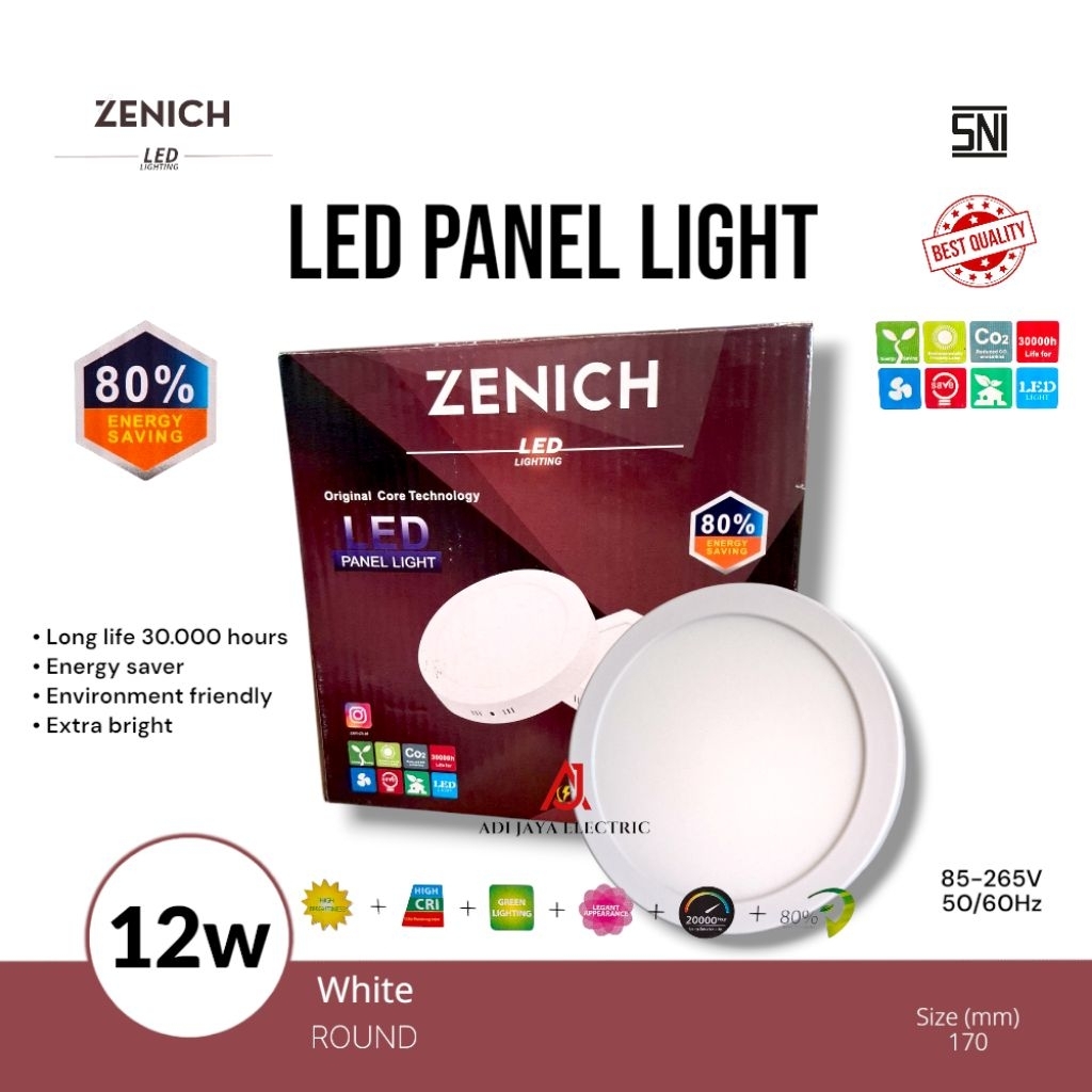Zenich LED Panel 6w, 12w, Warna Cahaya Putih, Bentuk Bulat dan Kotak, Hemat Energi dan Tahan Lama