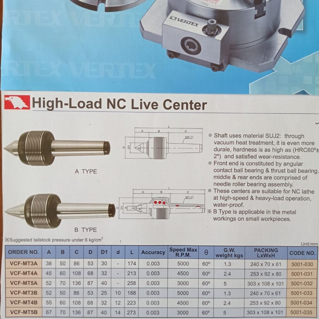 Vertex high-load live center vcf-mt5A