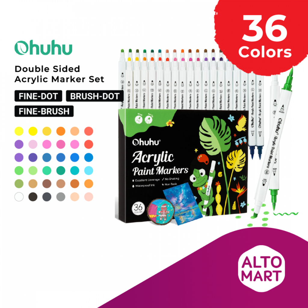 

OHUHU Acrylic Paint Markers 36 Colors Dual Tips Brush Dot Fine Tip Spidol Warna Set Coloring Akrilik