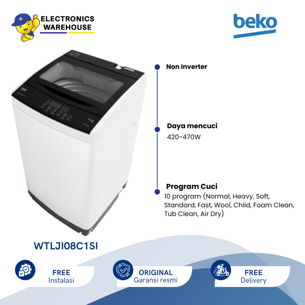 Beko Mesin Cuci Top Load 8kg WTLJI08C1SI Abu-abu