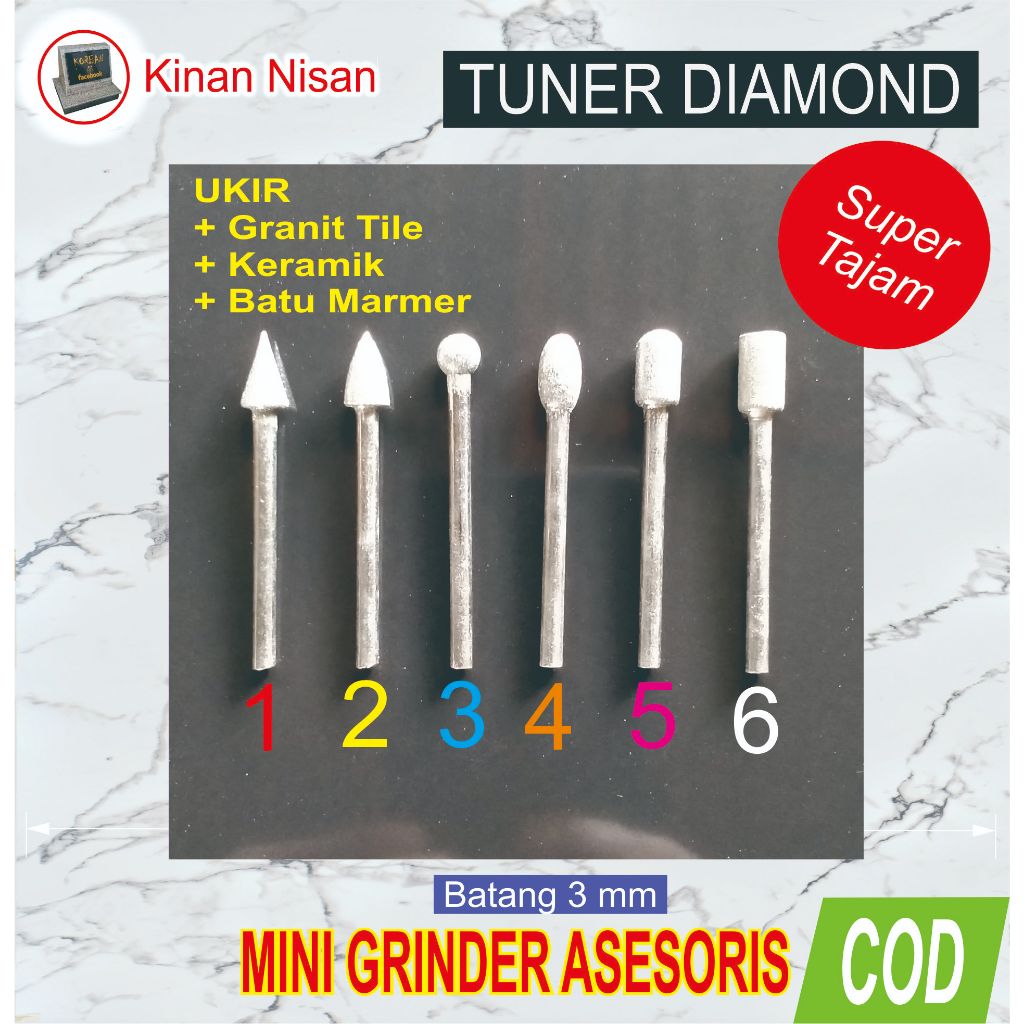 Mata Bor Mini Grinder Diamond Ukir Granit/Keramik/Marmer – Tuner Diamond 6 Variasi | Batang 3mm
