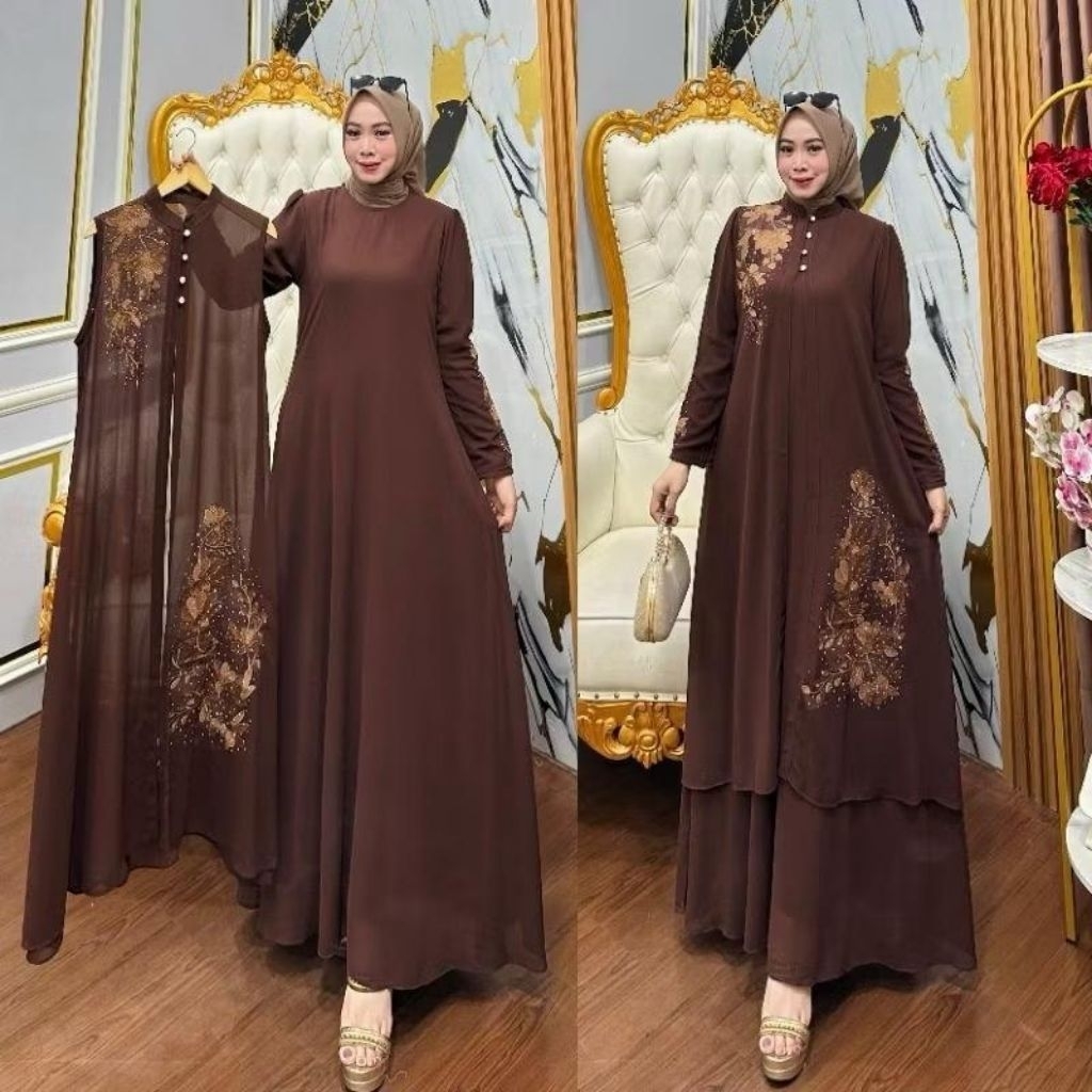 Zifa Fashion || Cod || Nilam Dres Outer 2 in 1 || Gamis Cruty Bordir Terbaru Siap Kirim || Gamis Set